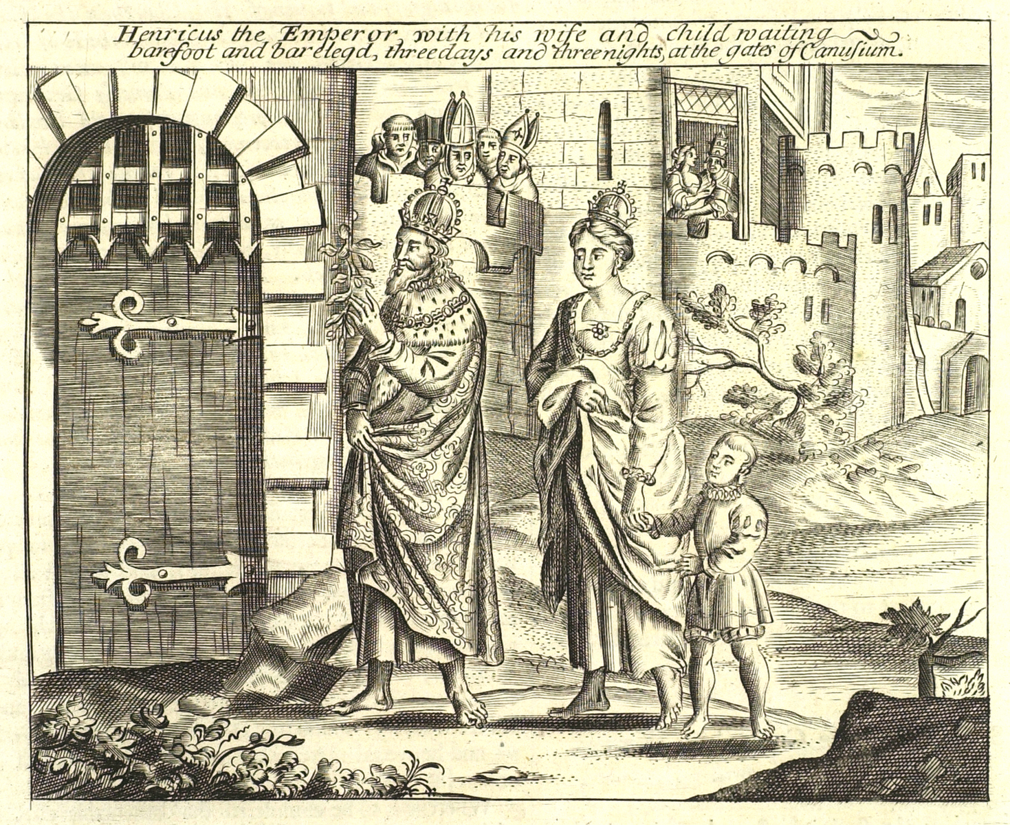 Woodcut scenes from a printed book: a crowned man with a woman and child standing barefoot outside a castle gate while figures watch from the walls