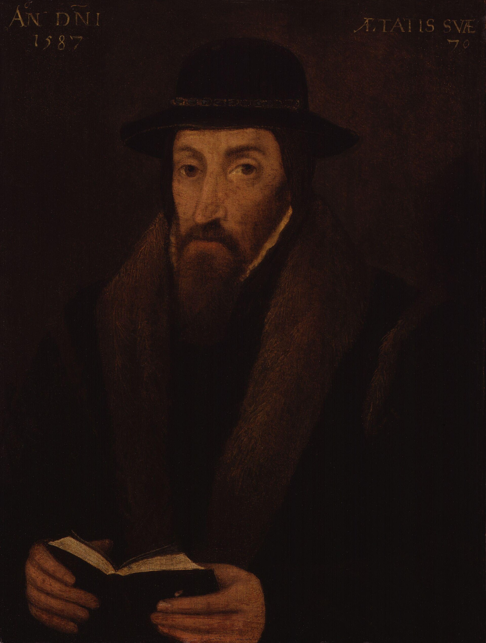 Painted portrait of a bearded man in dark clothes and a black cap, holding a book