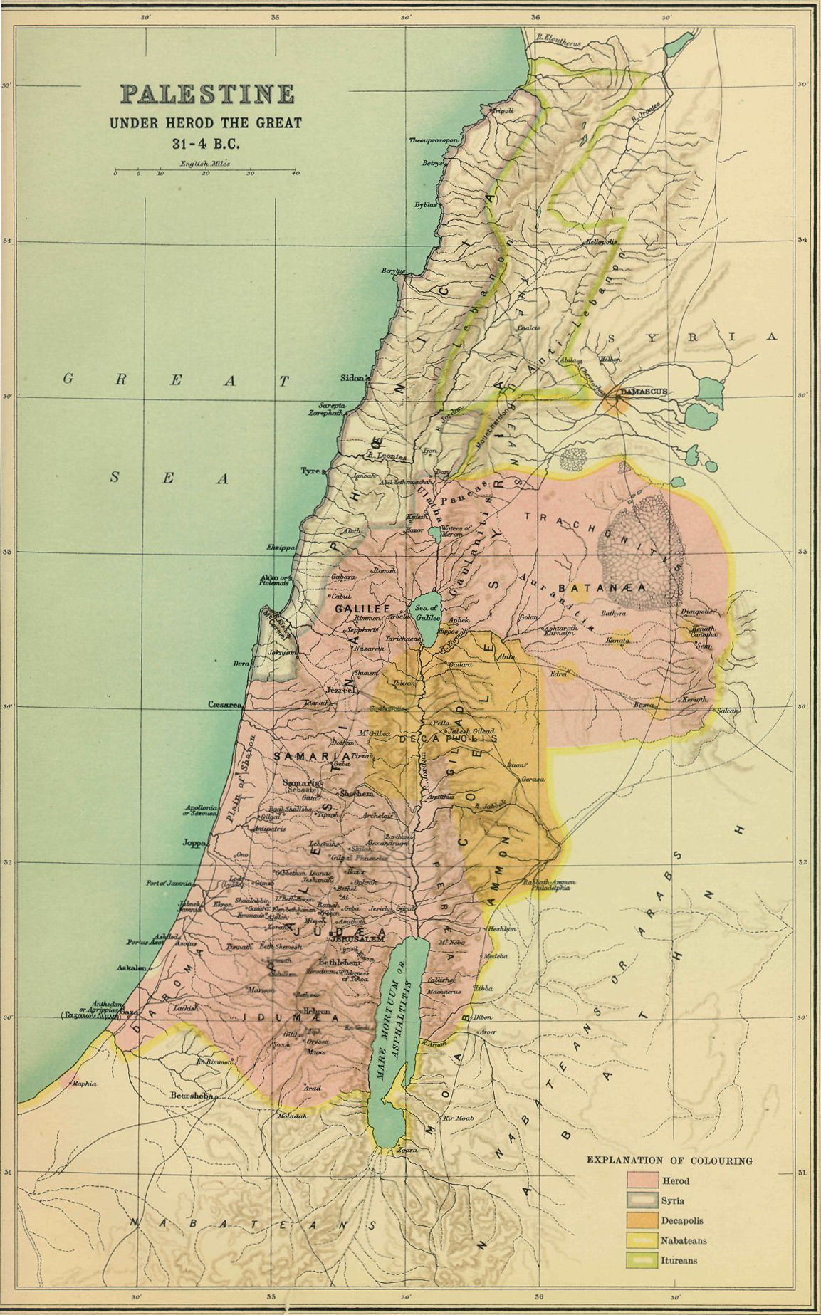 Old printed map of Palestine showing regions, cities and the Dead Sea, with color-shaded territories