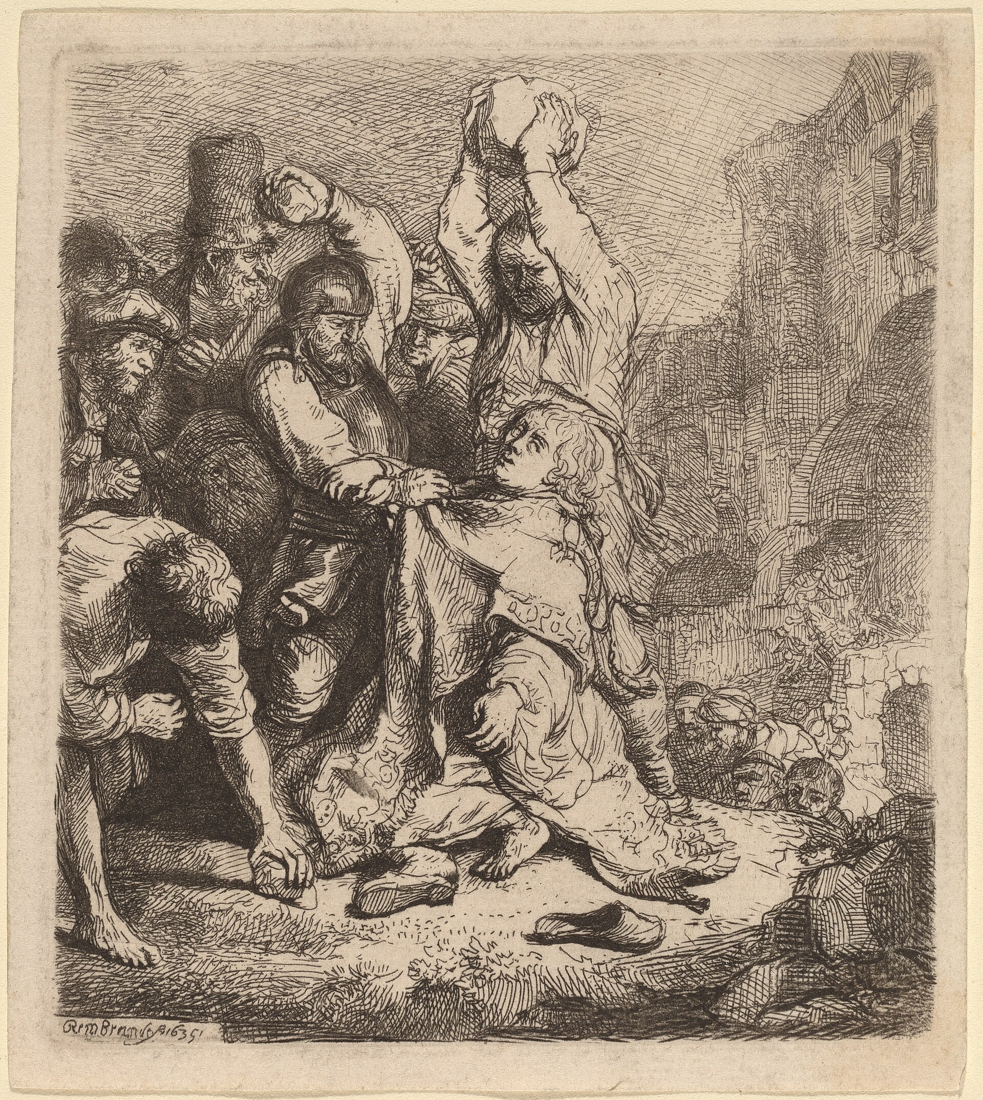 Etching of a kneeling man in a light robe, arms spread, surrounded by men raising stones, with a man on horseback and onlookers in the background