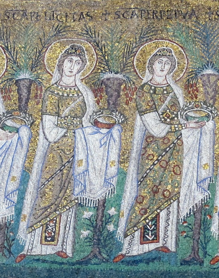 Two female figures in white robes with gold halos holding crowns, set in a gold ground of small glass tiles with palm trees