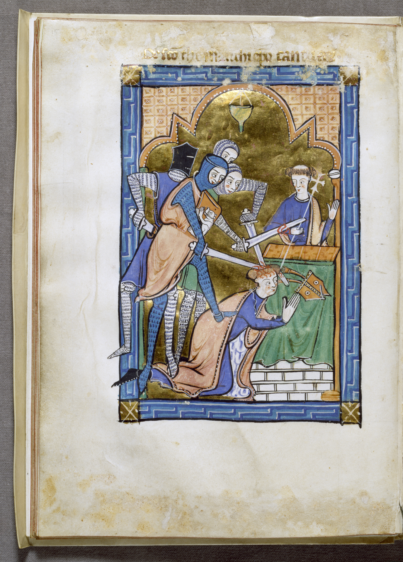 A medieval painted miniature in which armed knights with swords attack an archbishop kneeling before an altar