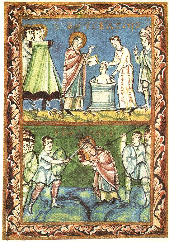A medieval painted manuscript page with two scenes, a bishop baptising and the same bishop being killed by armed men