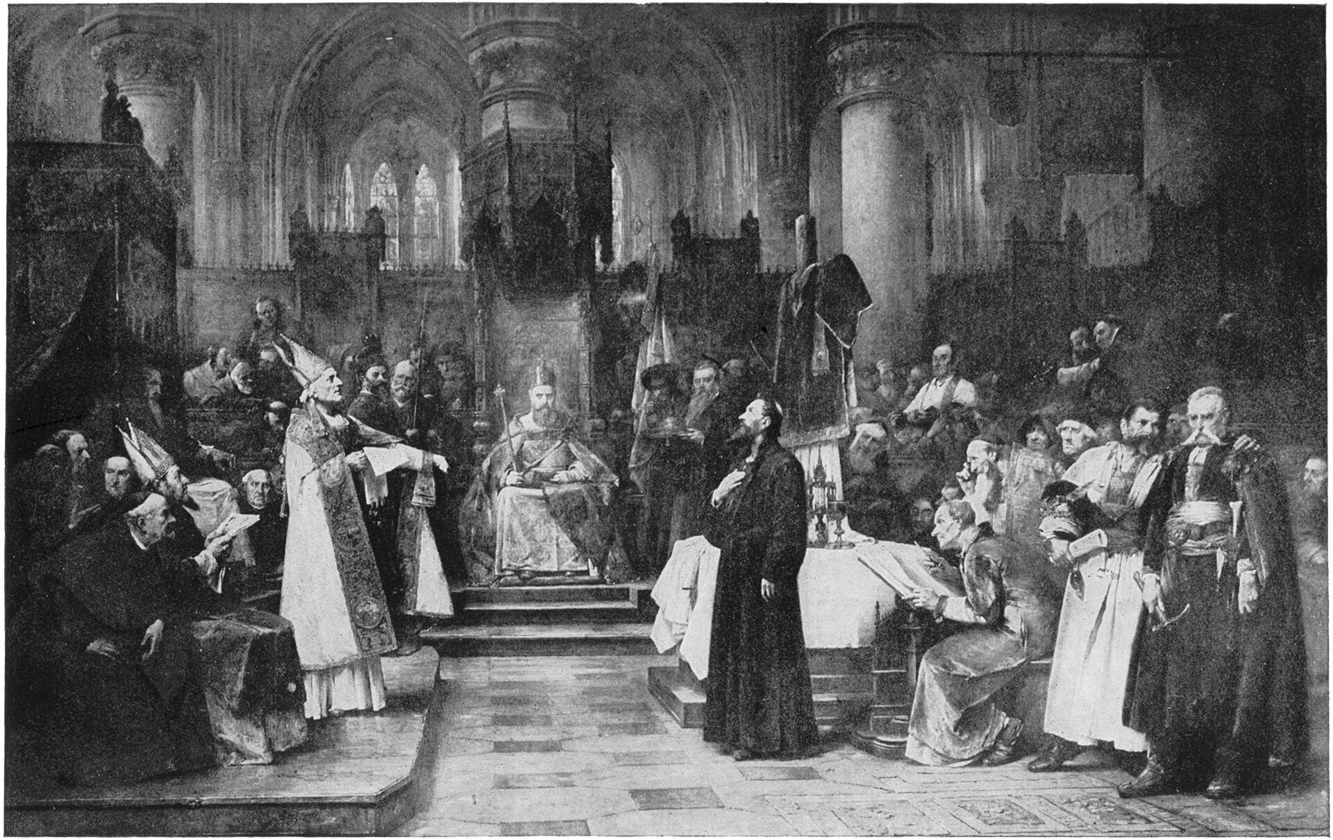 Large crowded painting of a cathedral interior where a standing man in dark robes faces seated cardinals, bishops and a crowned ruler