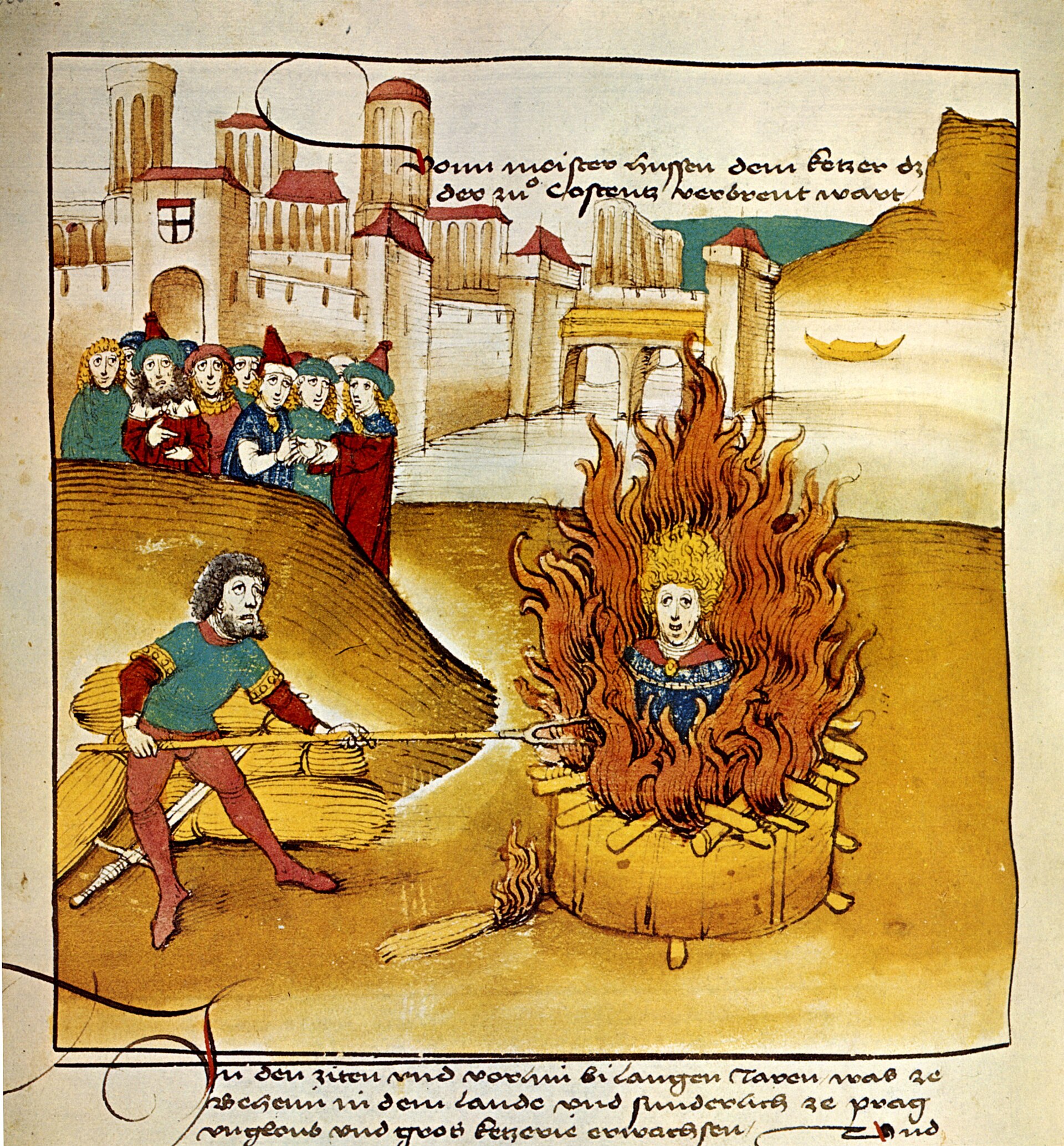 Late medieval colored drawing of a man in a tall pointed paper hat tied to a stake in a fire, with armed men and onlookers around him