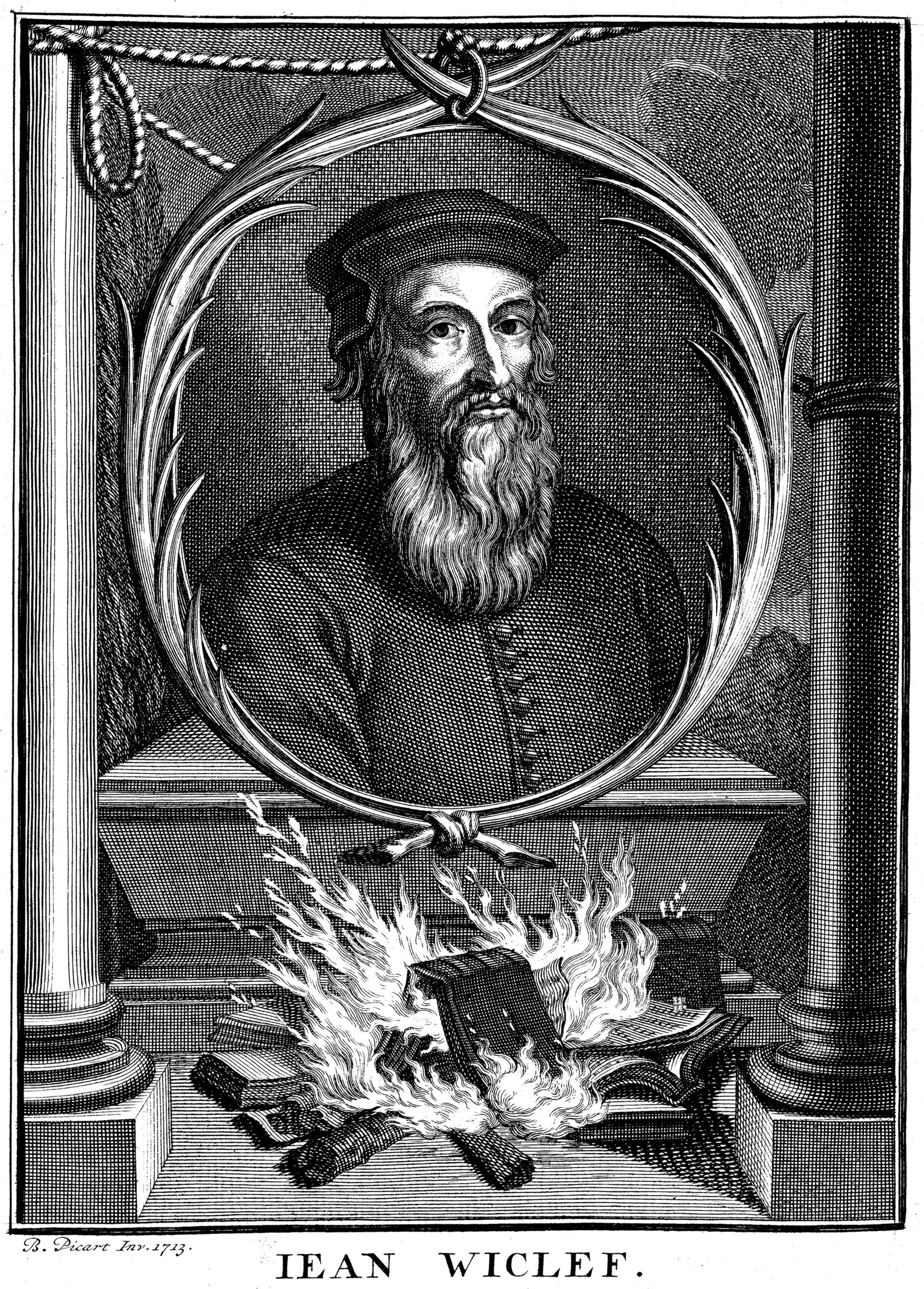 Engraved half-length portrait of a bearded man in a dark cap and gown, holding a book, inside an oval frame