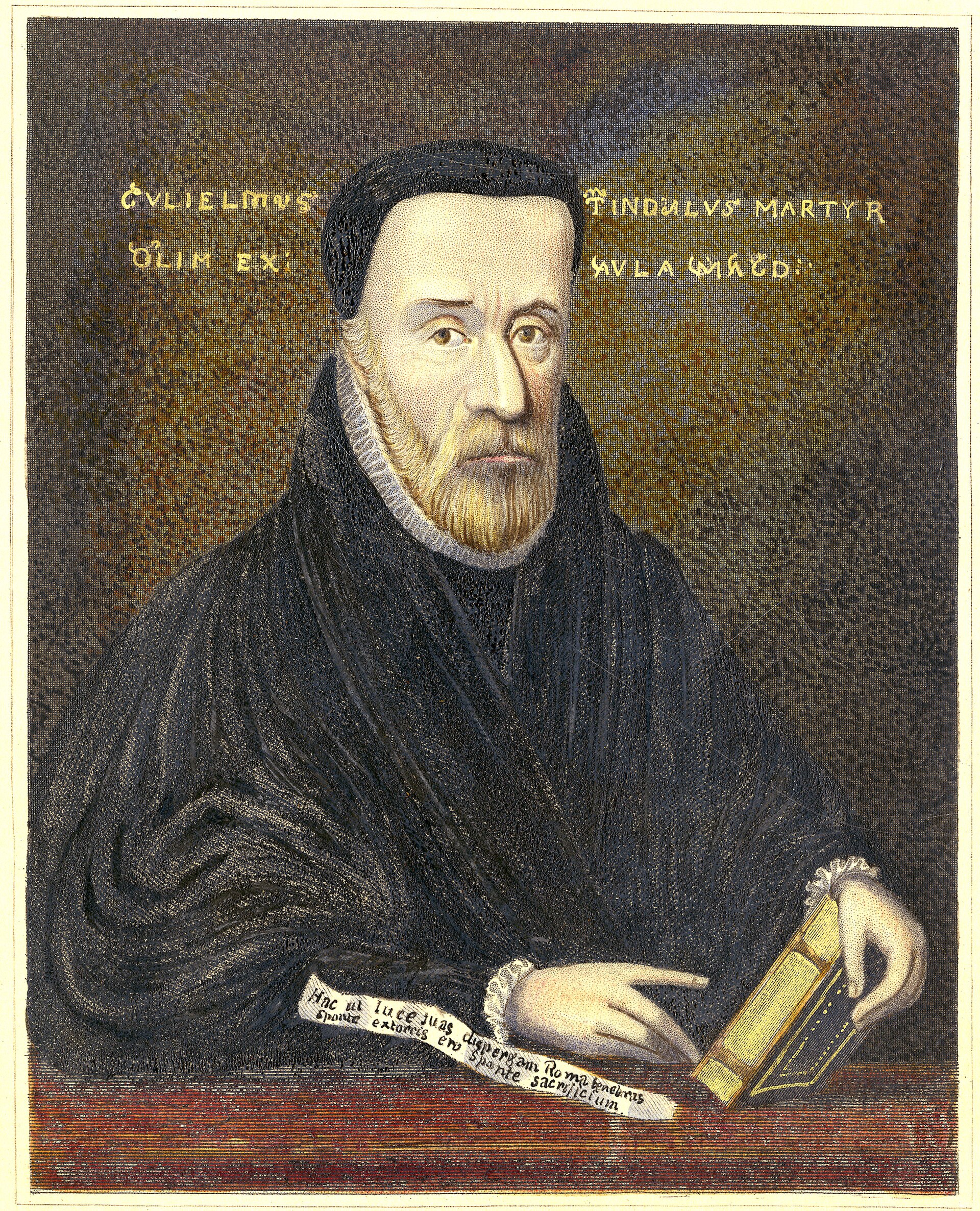 Engraved portrait of a bearded man in a dark cap and robe, one hand resting on an open book