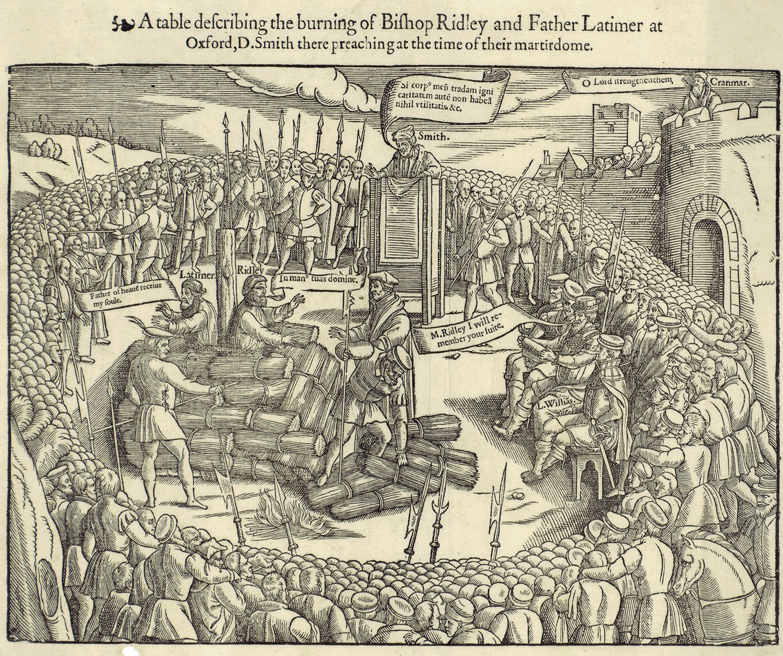 Woodcut of two men chained to a single stake in a burning pile, with a preacher in a pulpit, guards with halberds and a crowd, and town buildings behind