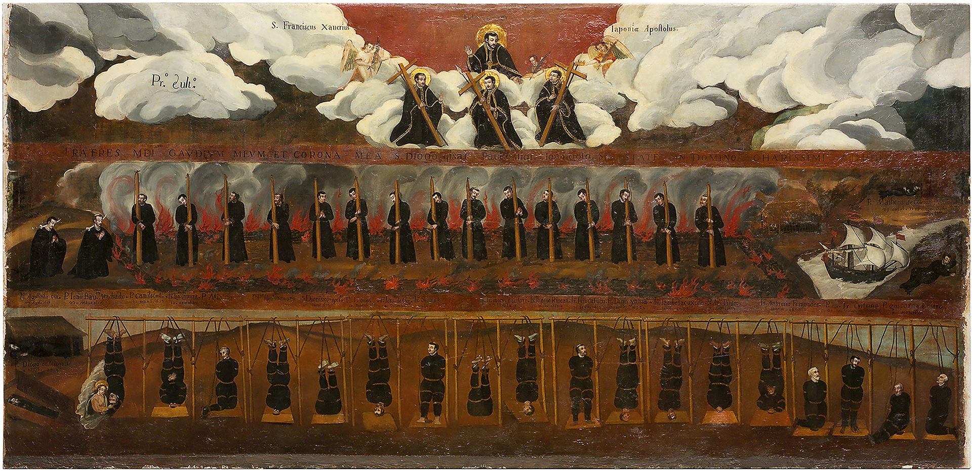 Wide painting with a row of standing figures in black robes amid flames at stakes, a lower row of bound figures, a ship at the right, and saints and angels among clouds above