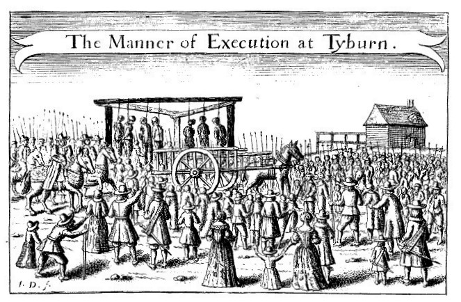Engraving titled The Manner of Execution at Tyburn: a large crowd and soldiers with pikes surround a gallows from which several people hang above a horse-drawn cart