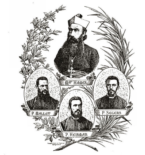 Old printed sheet of small oval portrait photographs of bearded priests in clerical dress, arranged in rows