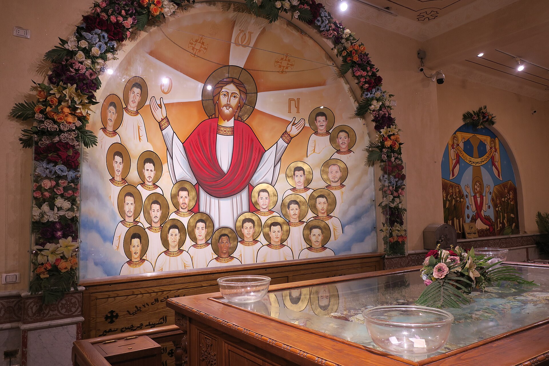 Interior of a church with an altar and painted icons, in the church dedicated to the Libyan martyrs in Minya, Egypt