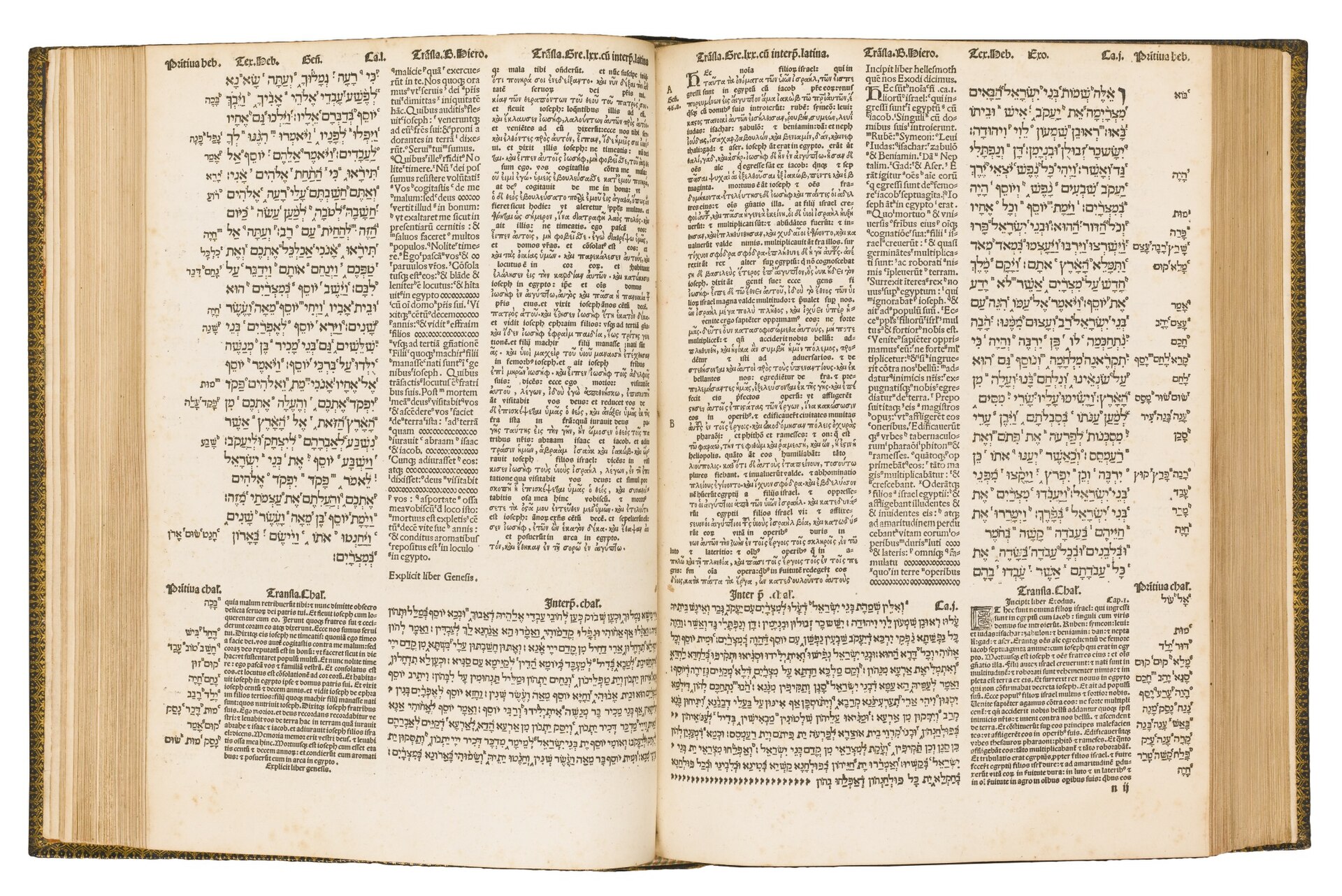 An open printed folio volume with several narrow columns of text on each page in different alphabets, Hebrew, Greek and Latin, with large decorated initials