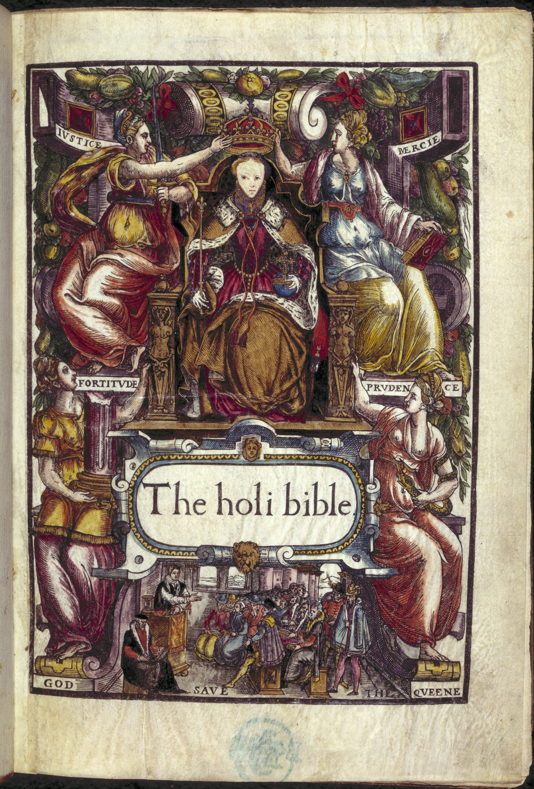 A hand-colored title page with a woodcut of a crowned queen seated on a throne under a canopy, flanked by two standing female figures, with printed title text below