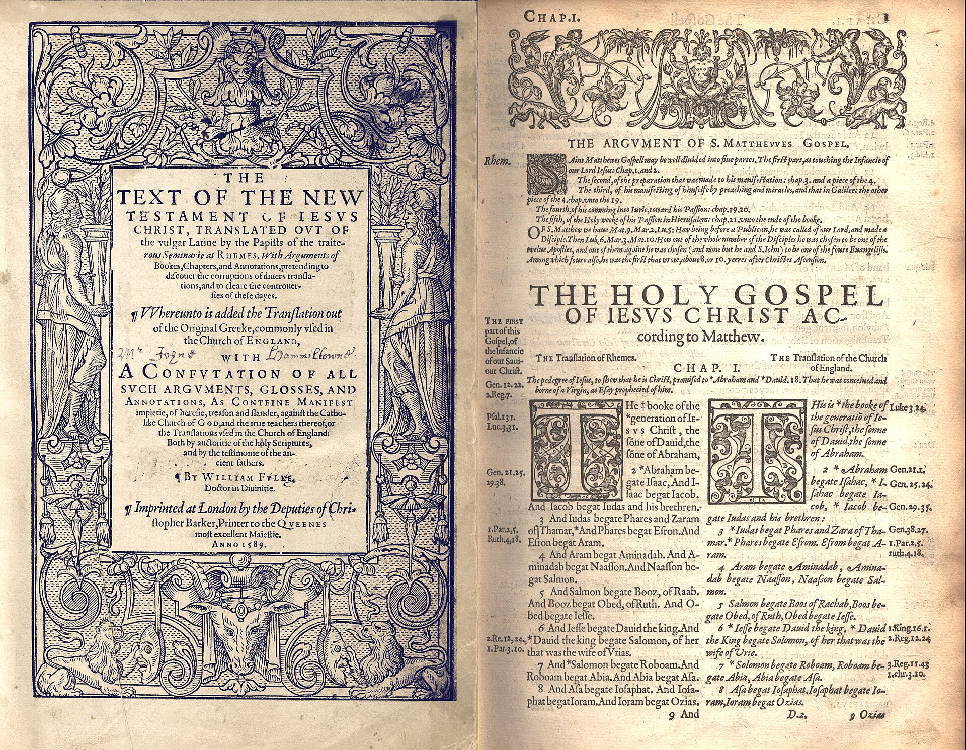 Two facing pages of an old printed book: a title page and the opening page of the Gospel of Matthew