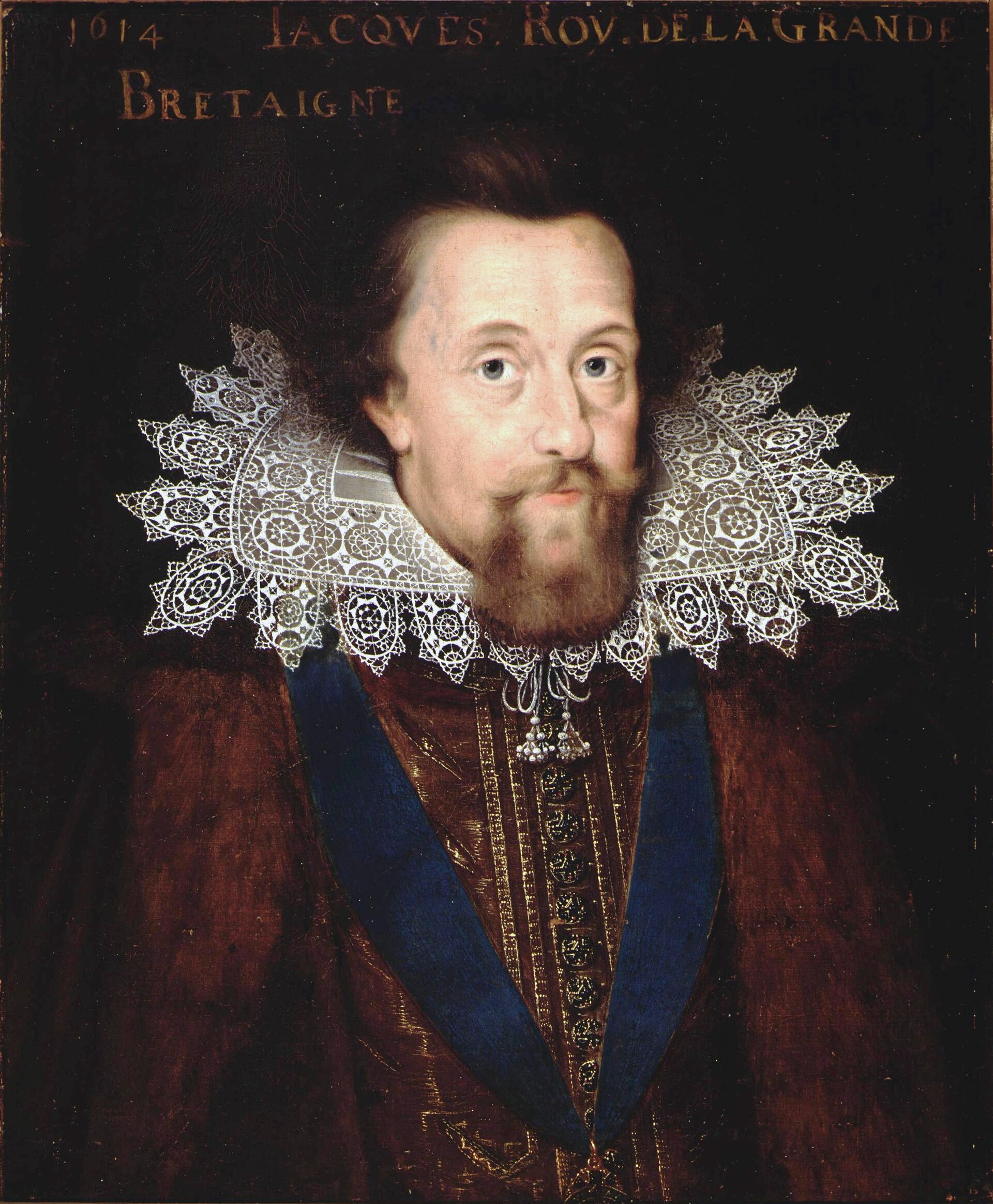 Oil portrait of a bearded man in a tall black hat with a jewel, a stiff white lace collar and dark clothing, looking toward the viewer