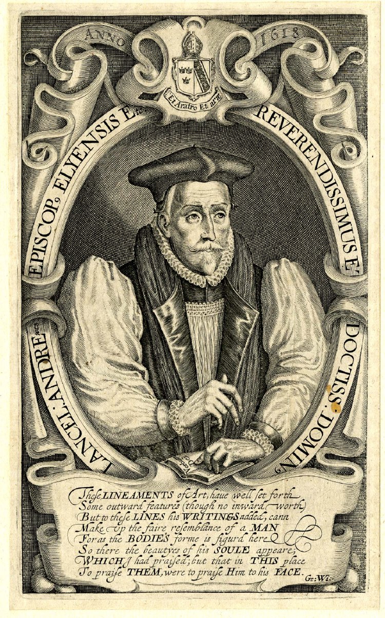Engraved portrait of an elderly bearded man in a skullcap, wide white ruff and dark robes, inside an oval frame with a Latin inscription around it and lines of text below