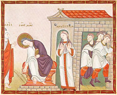 Medieval painting in a book: Christ, haloed, stoops to write on the ground while a woman stands before a group of men in robes