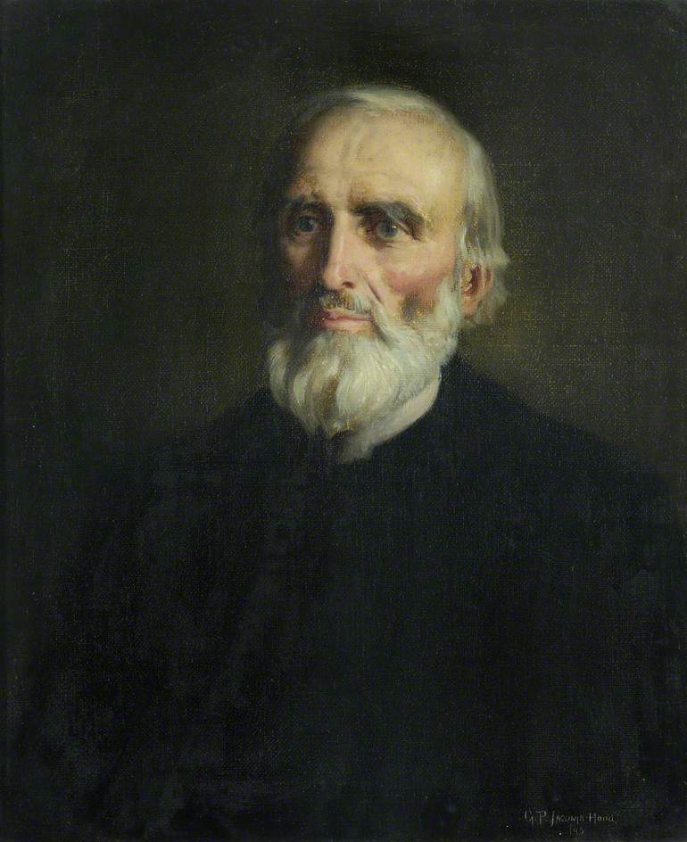 Oil portrait of a seated bearded man in academic dress, looking to one side, against a dark background