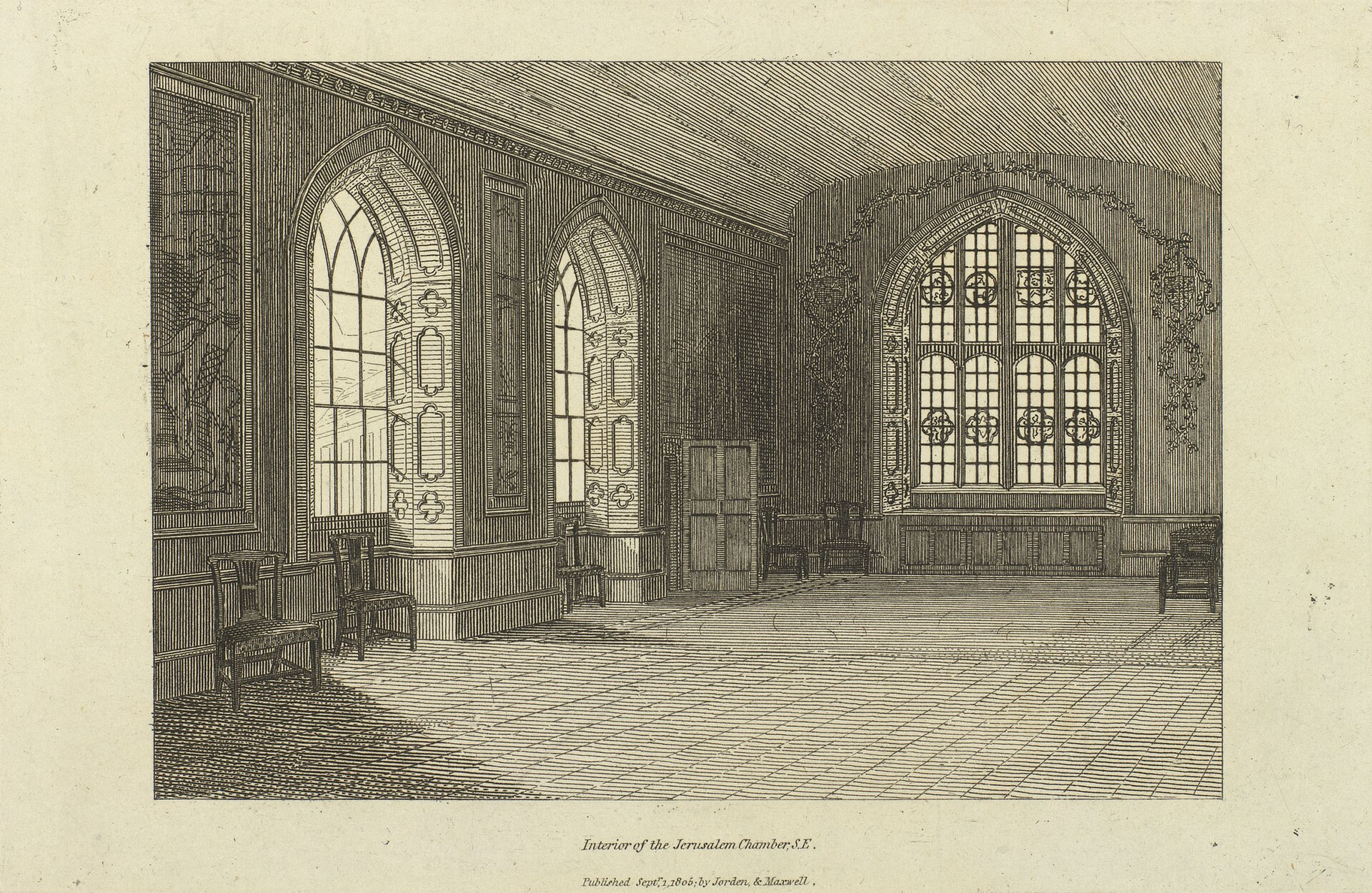 Old photograph of a wood-panelled room with a large fireplace, tapestries on the walls, a long table and chairs