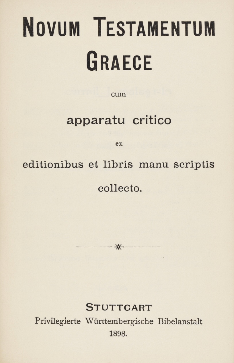 Printed title page in Latin and Greek reading Novum Testamentum Graece, edited by Eberhard Nestle, Stuttgart, 1898