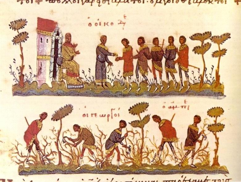 Page of a Byzantine Greek Gospel book with two painted scenes, workers in a vineyard below and the paying of the workers above, set within lines of Greek minuscule script