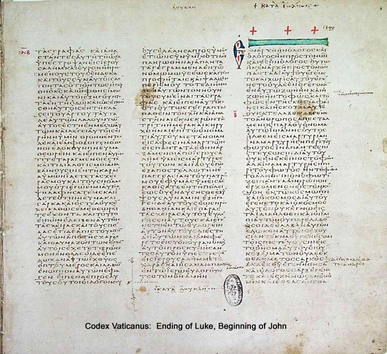 A page of an ancient Greek codex in three columns, with the end of one Gospel and the opening of the next