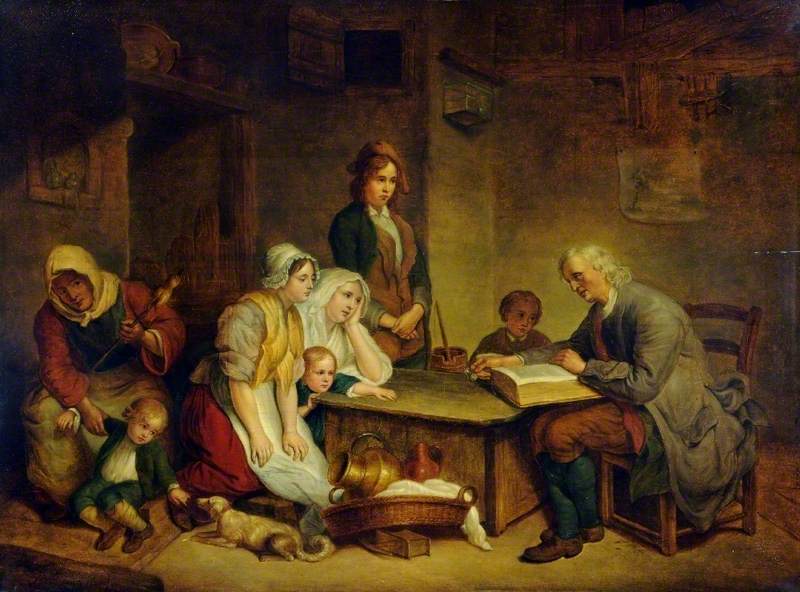 A painting of a father reading the Bible aloud to his family gathered around him