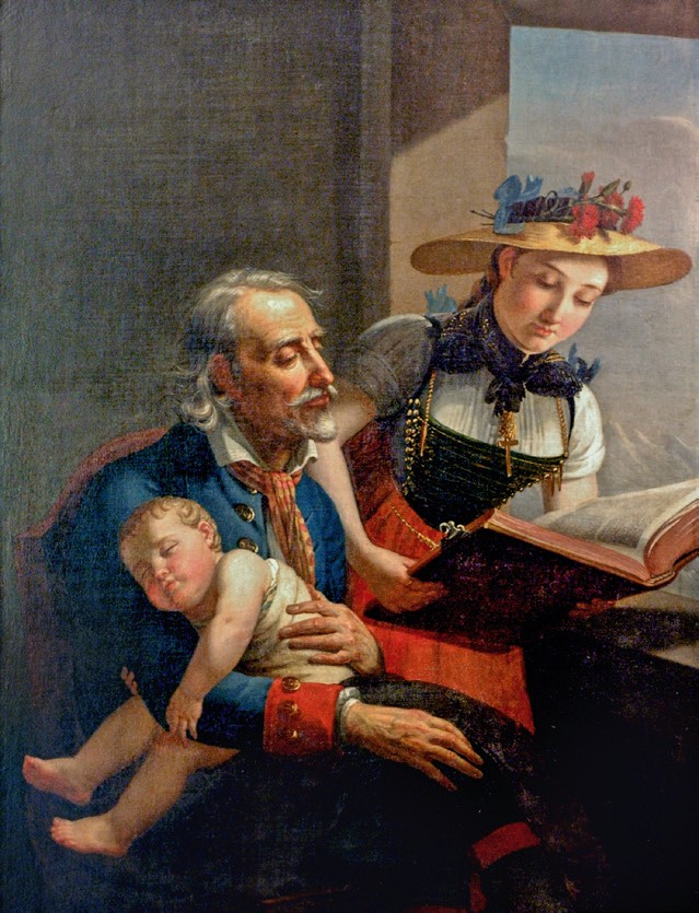 A painting by Marie-Guillemine Benoist titled Reading the Bible, showing a reader with an open book