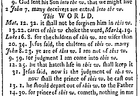 A printed page excerpt in small old type listing short lines of Bible verses under the heading World, each followed by a book, chapter and verse reference