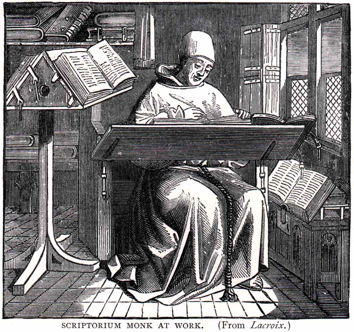 Old engraving of a hooded monk seated at a slanted writing desk, copying from a large open book propped in front of him