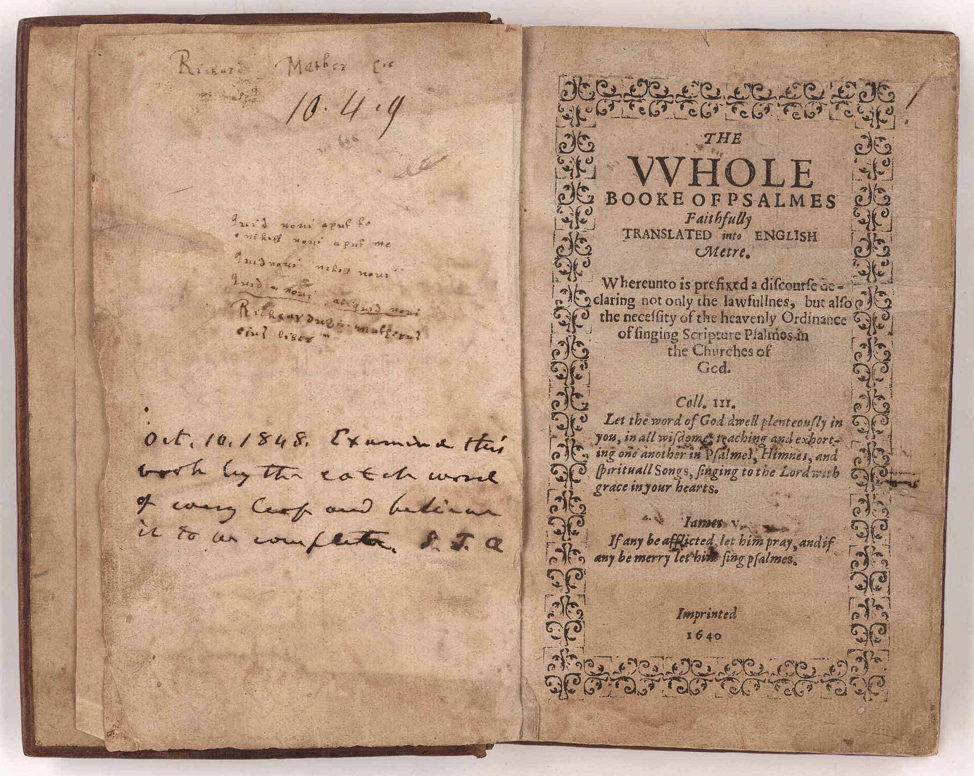 Title page of an old printed book with the words The Whole Booke of Psalmes in large type, framed by a printed border, with the imprint Imprinted 1640 at the bottom