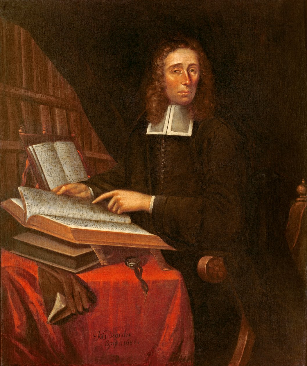 Painted portrait of a man with shoulder-length hair, white clerical bands and a black gown, his hand resting on an open book, with shelves of books behind him