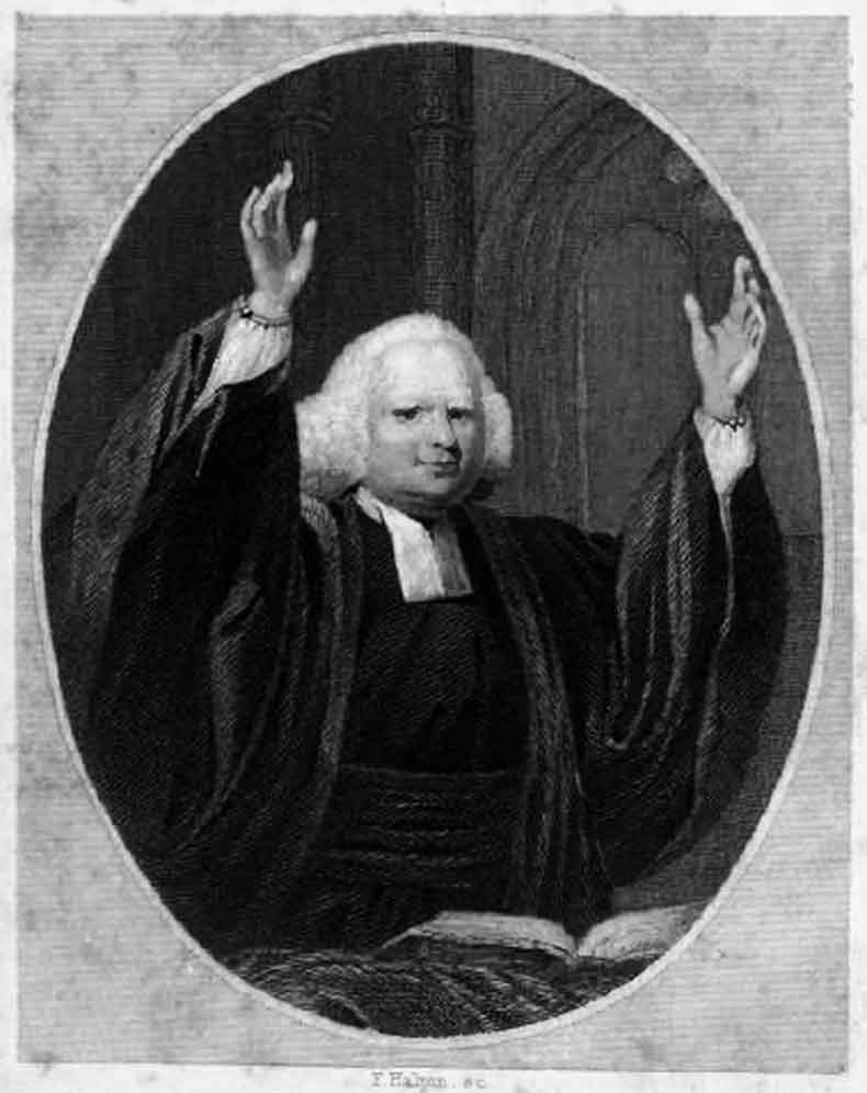 Engraving of a preacher in a black gown and white bands standing on a raised platform with arms spread, addressing a large outdoor crowd under trees
