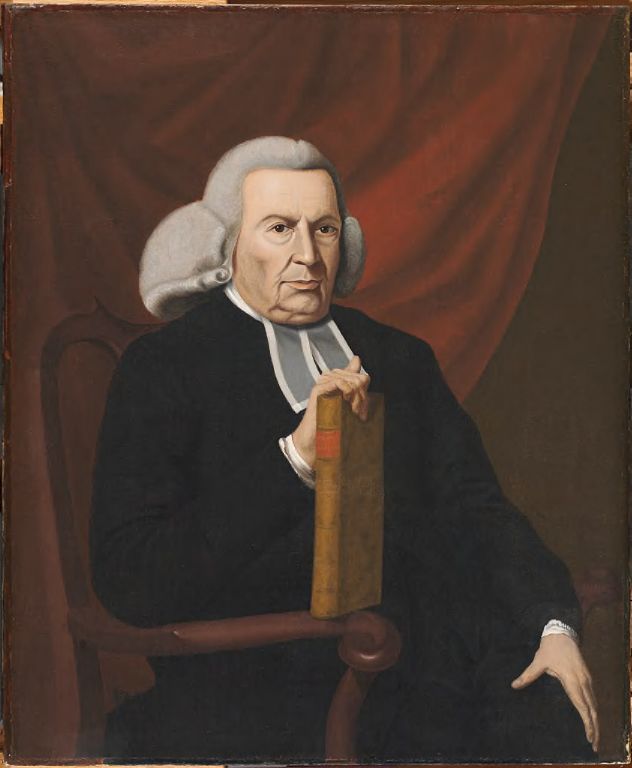 Engraved portrait of an elderly man in a white wig and dark clerical gown with white bands at the neck, in an oval frame