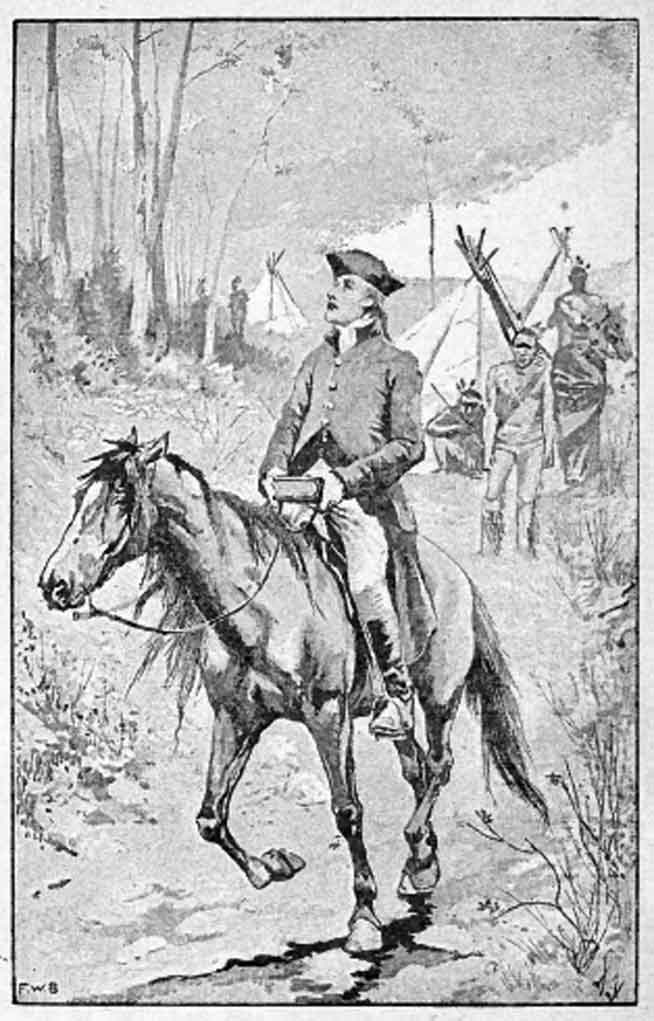 Engraved illustration of a young man in a long coat and broad hat riding a horse through a wooded landscape