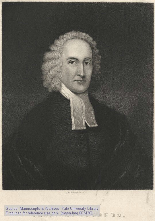 Black and white lithograph portrait of a man in a white wig and dark clerical robe with white preaching bands, shown from the chest up