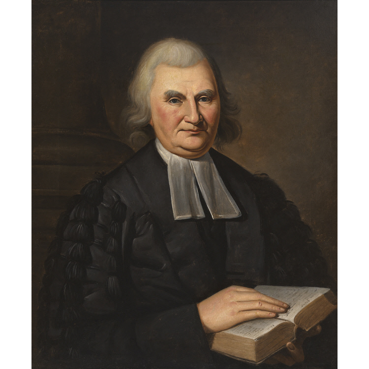 Painted portrait of an older man in dark clerical clothing with a white neckband, seated, with gray hair, against a plain background