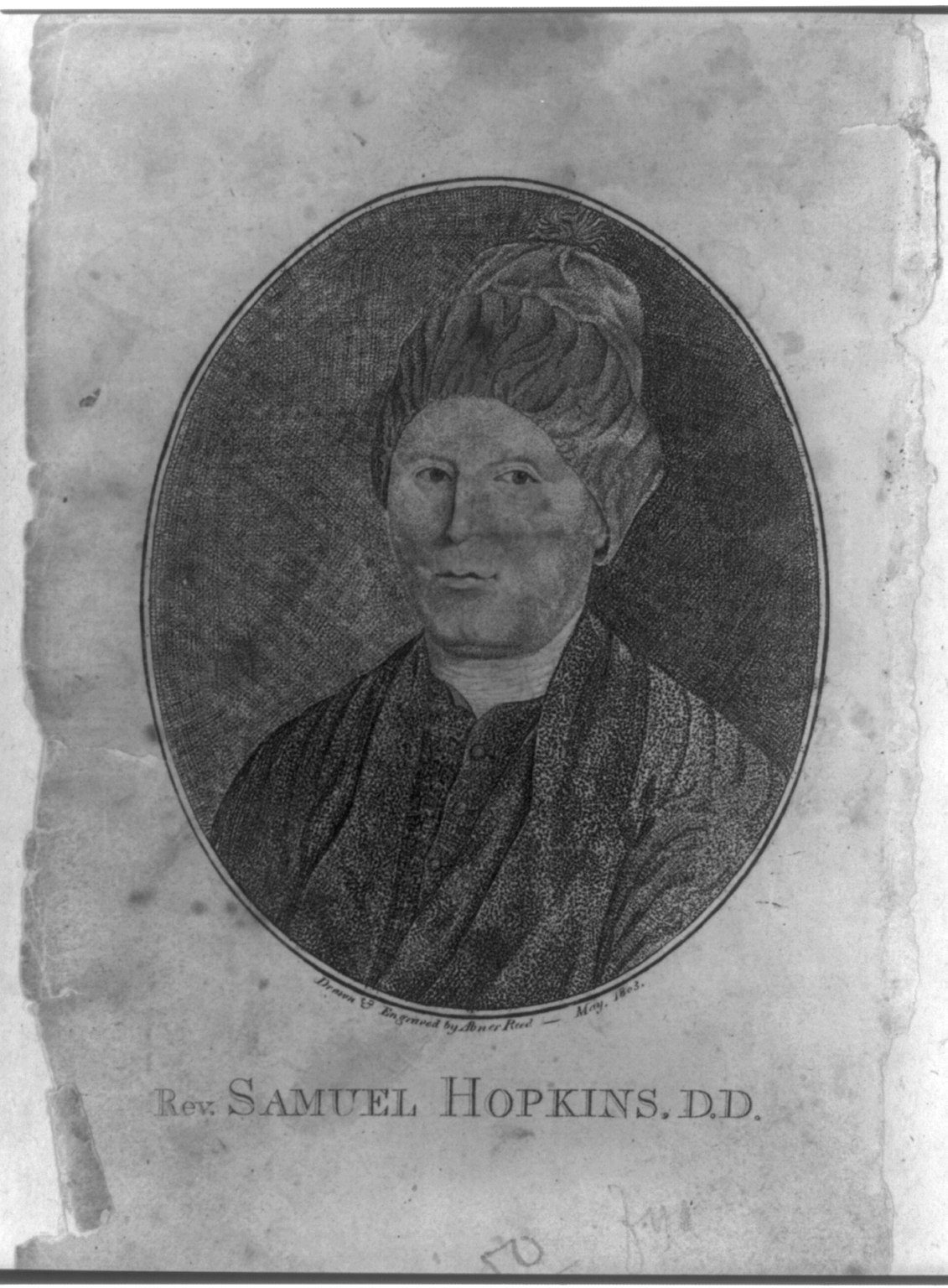 Engraved bust portrait of an elderly man in clerical bands and a dark coat, with thin gray hair, in an oval frame