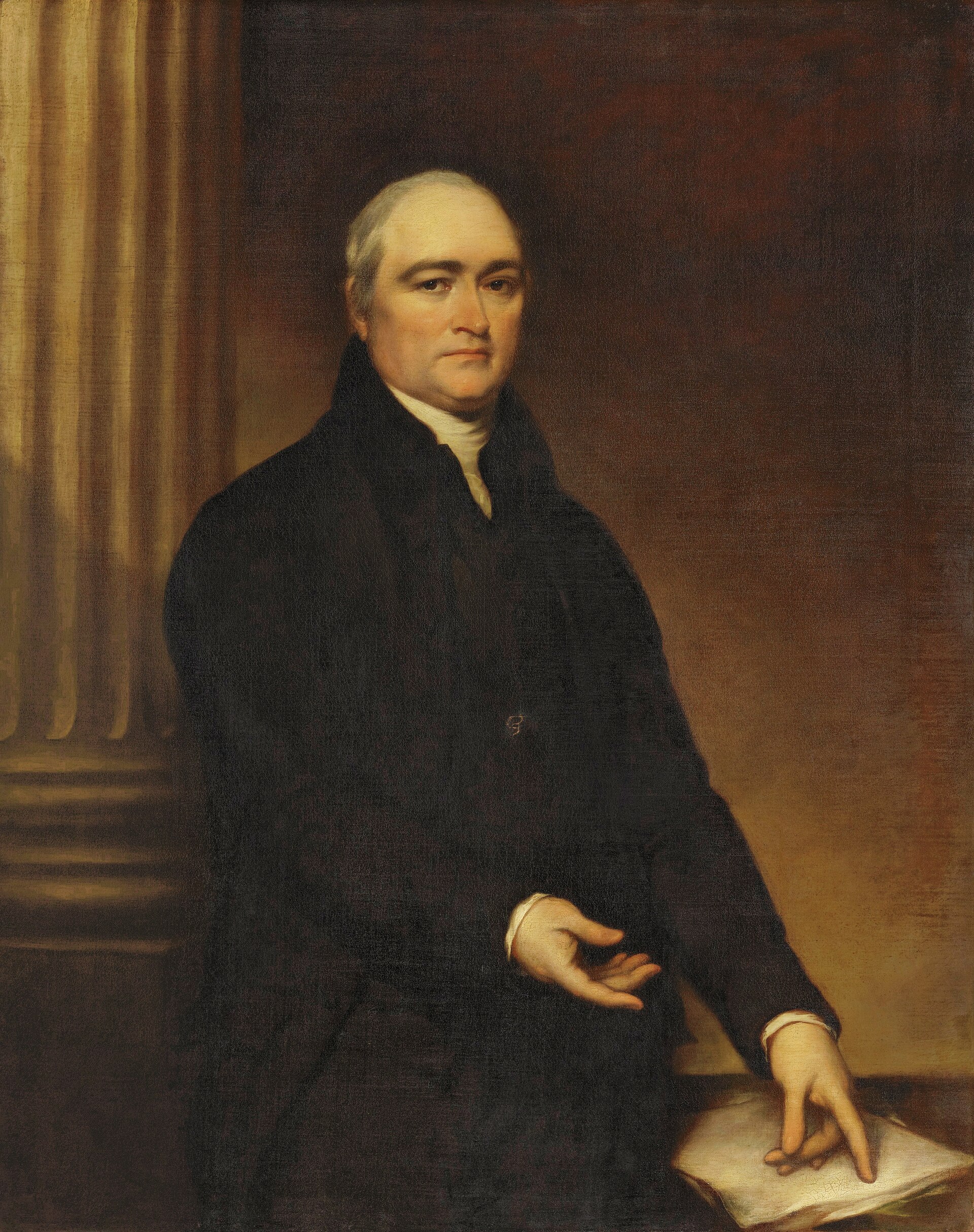 Oil portrait of a heavy-set man in a black academic gown and white neck bands, seated, with gray hair, against a dark red background