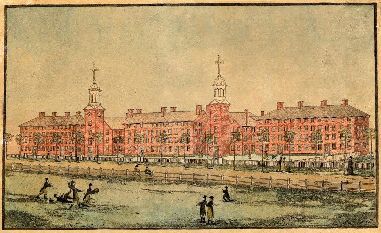Print of a row of brick college buildings with a chapel spire behind a fenced green, with small figures walking in front