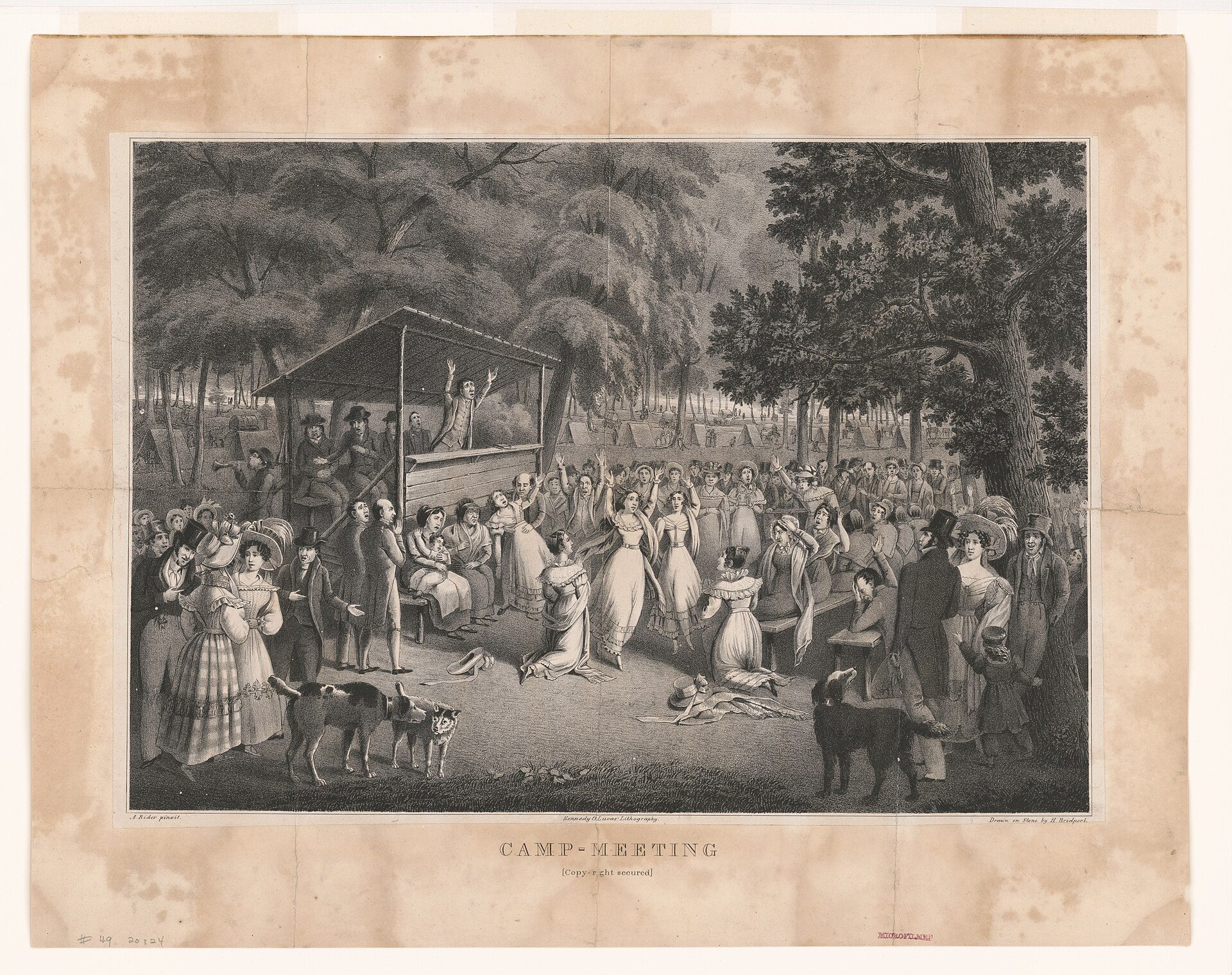Lithograph of an outdoor meeting in a wooded grove: a preacher with raised arms stands in a roofed wooden stand at the left, and a crowd of men and women, some kneeling and some lifting their arms, fills the clearing in front