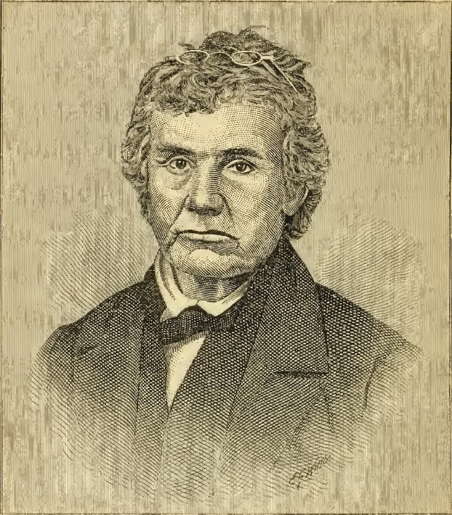 Engraved head and shoulders portrait of an older man with thick gray hair and a stern expression, in a dark coat and white collar