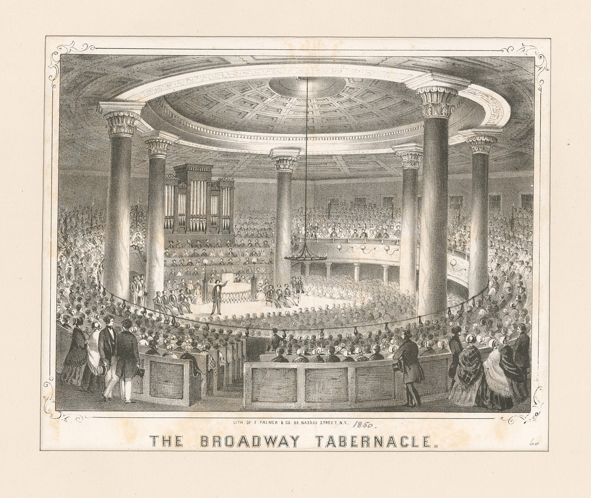 Engraving of a large plain church building on a city street, with a wide front, tall windows and people and carriages in the street before it