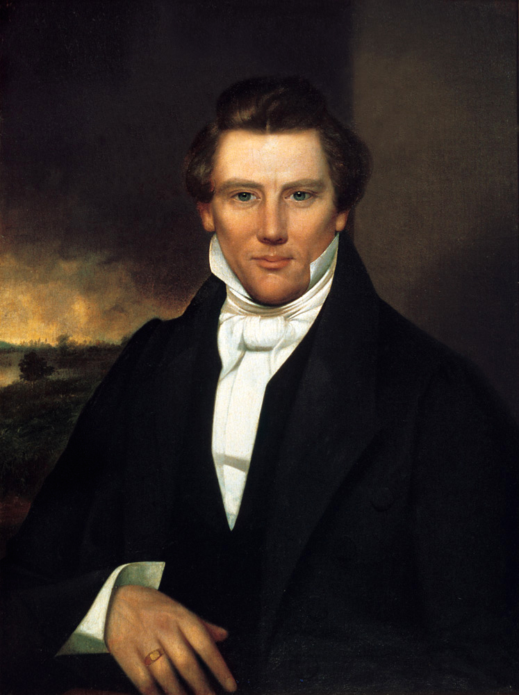 Painted head-and-shoulders portrait of a young clean-shaven man with light brown hair, wearing a dark coat, white shirt and black neck cloth