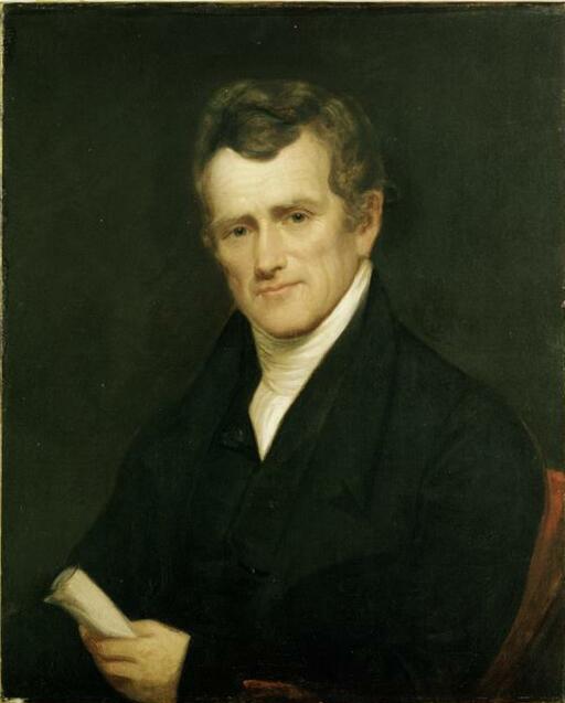 Painted portrait of an older man with white hair, dark coat and white neckcloth, seated against a dark background