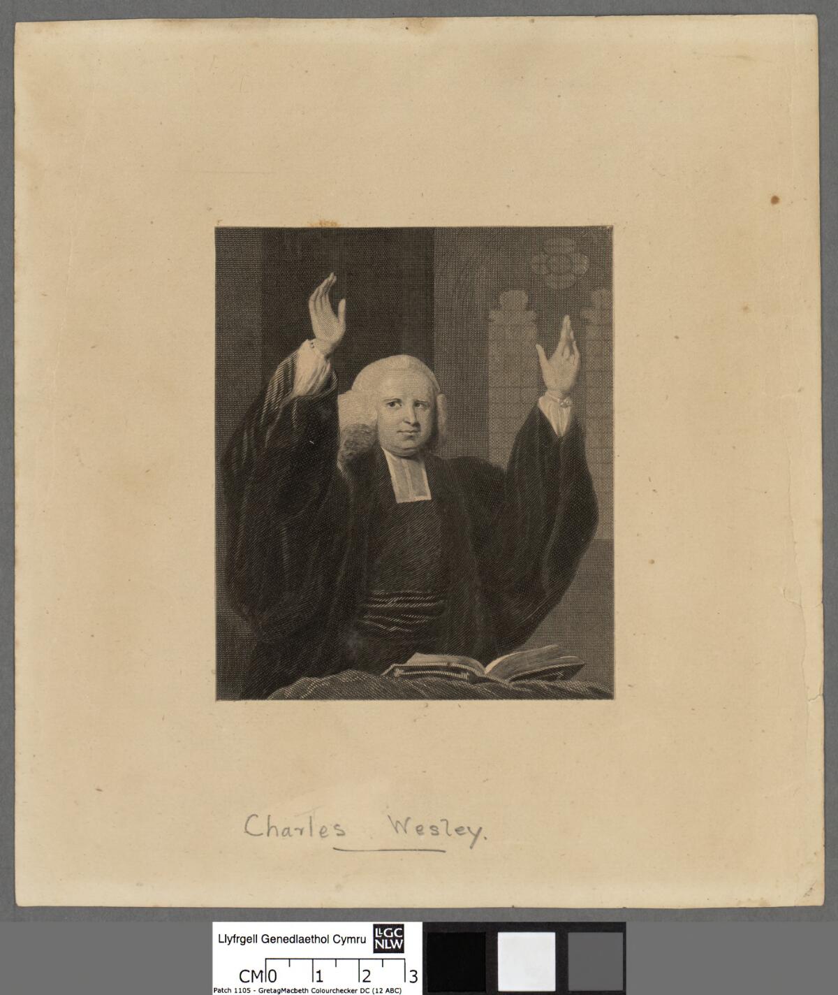 Painted portrait of a man with gray hair in a dark clerical coat with white neck bands, shown from the chest up against a plain dark background