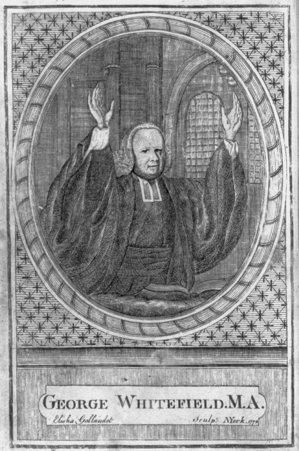 Engraving of a man in a clerical gown and wig preaching with both hands raised, shown from the waist up inside an oval frame, with a church interior behind him