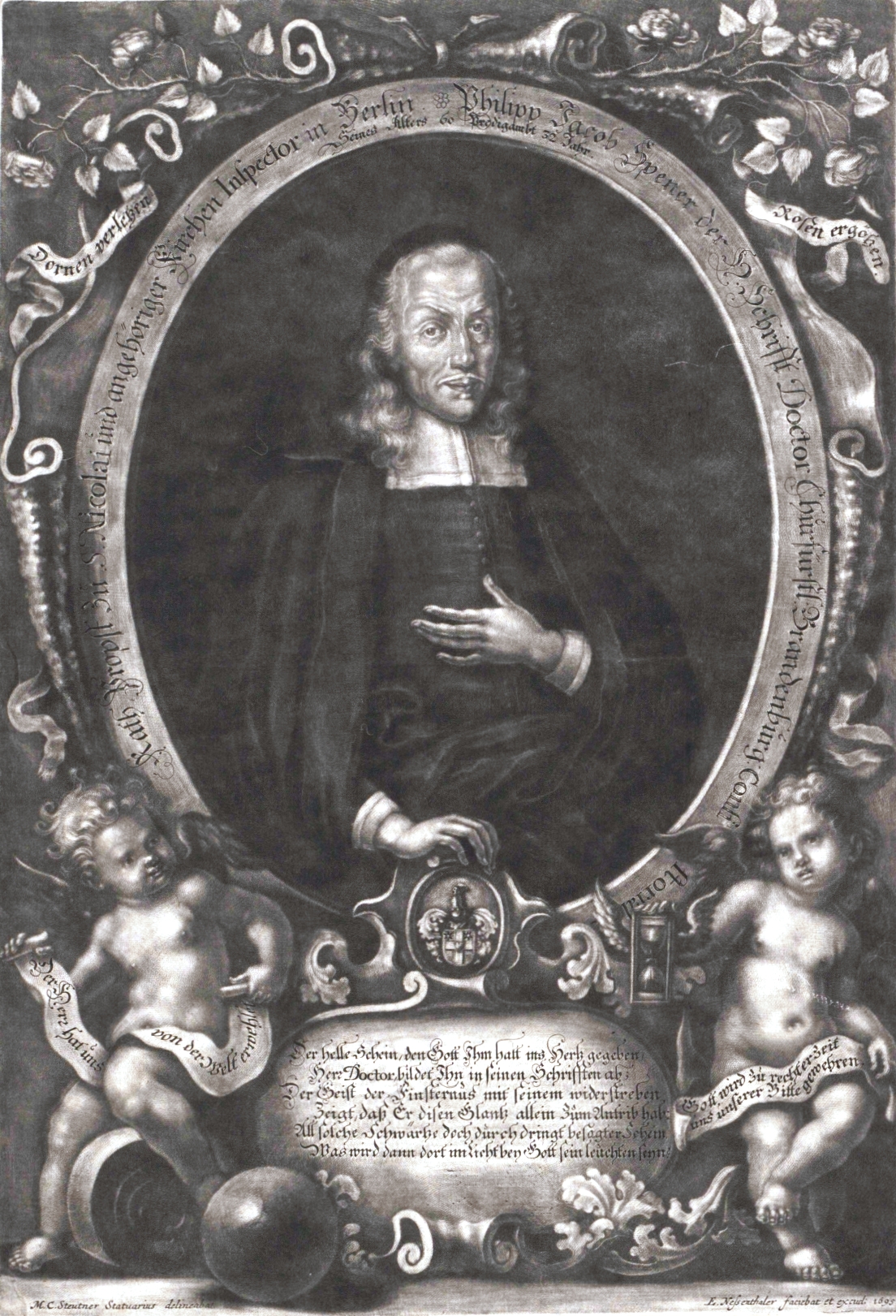 Engraved portrait of an older man in a large curled wig and a dark clerical gown with a white collar band, set in an oval frame with a Latin inscription