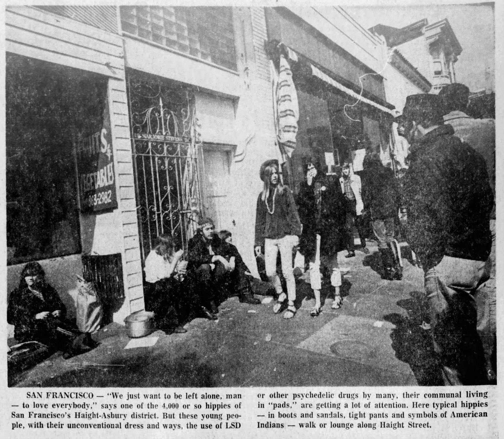 Scanned 1967 newspaper clipping with headlines and black and white photographs about hippies in the Haight-Ashbury district
